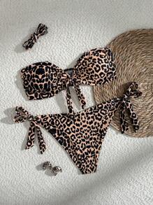 SHEIN Swim 2pcs/Set Leopard Print Halter Tie Front Sexy Bikini Set For Summer Beach Vacation - Multicolor - View 3