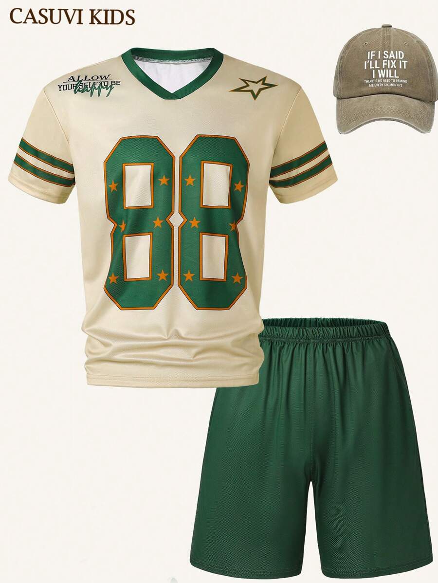 SHEIN 2 Pieces Set: Solid Color Patchwork Short Sleeve T-Shirt And Shorts For Teen Boys - Multicolor - View 1