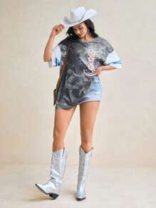 DAYDREAMS AND ICE CREAMS Women Casual Tie-Dye Print Drop Shoulder Short Sleeve T-Shirt, Summer, Holiday, Rave, Graphic Tee