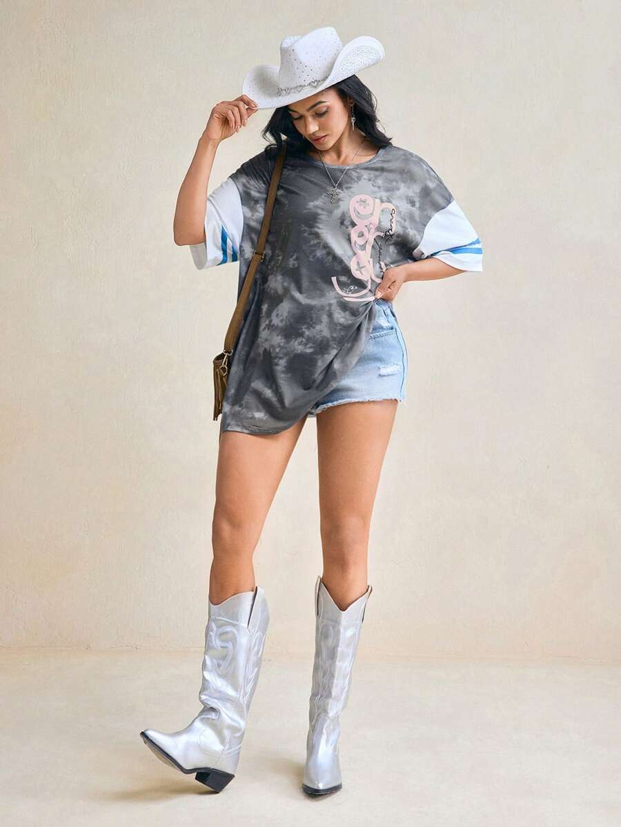 DAYDREAMS AND ICE CREAMS Women Casual Tie-Dye Print Drop Shoulder Short Sleeve T-Shirt, Summer, Holiday, Rave, Graphic Tee