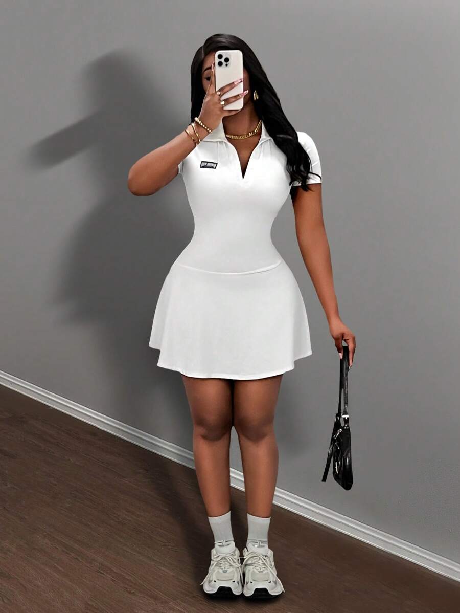 Slaydiva 女式夏季马球领短袖 A 字形喇叭下摆迷你连衣裙