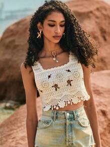 Poéselle Hollow Out Embroidered Beaded Crochet Sleeveless Knit Top, Spring/Summer - White - View 4