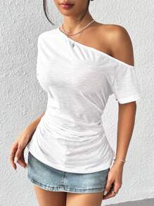 SHEIN EZwear White Asymmetric Neck Ruffle Summer Short Sleeve Top