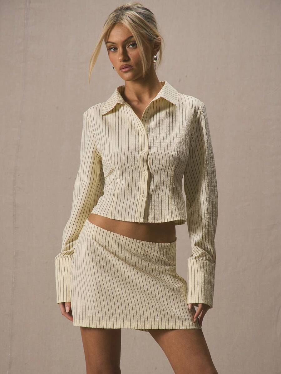 MUSERA Collared Pinstripe Cinch Waist Fitted Long Sleeve Shirt Only Spring Cute Vacation Summer Easter Holiday - Yellow - View 1