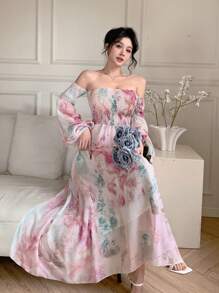 DAZY 女式露肩花卉印花中长连衣裙，秋季连衣裙长袖连衣裙 - 粉色 - 查看 8