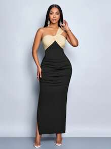 SOLERSUN 四季女装婚礼聚会派对优雅黑杏色拼接不对称单肩无袖聚拢侧开衩针织超长连衣裙 - 黑色 - 查看 4