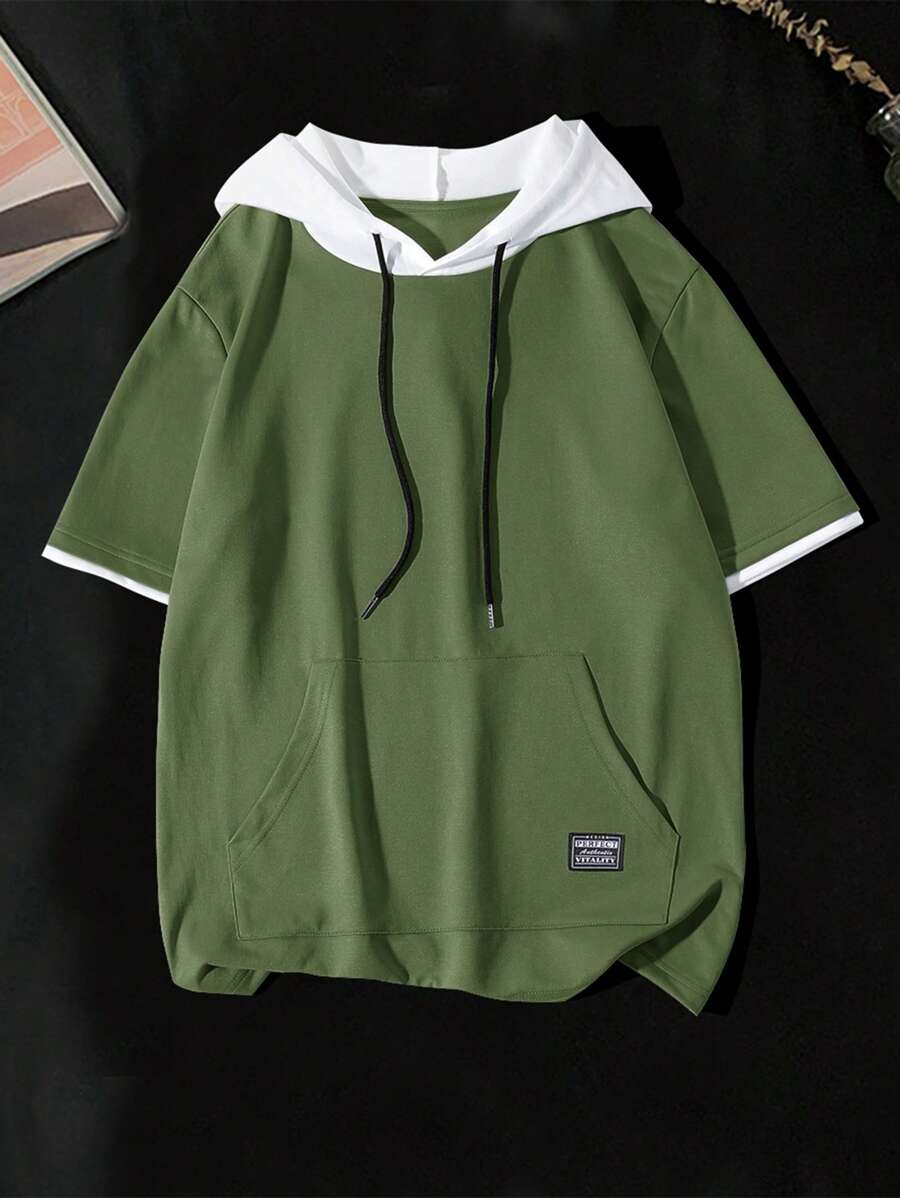 Manfinity Hypemode Plus Size Men's Contrast Color Block Hooded T-Shirt, Short Sleeve - Army Green - View 1