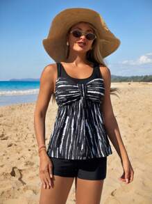 Swim Lushoire Women 2 Pieces Striped & Tie-Dye Butterfly Twist Front Round Neck Wide Strap Tank Top + Black High Waist Shorts Swimming Suit Beach Casual Set For Summer Beach Vacation - Black and White - View 5