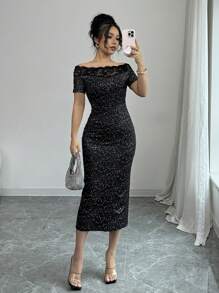 Elenzga 女士优雅迷人性感黑色连衣裙，带银箔和蕾丝镶片，露肩短袖，紧身中长款剪裁，后开衩，适合春夏季 - 黑色 - 查看 5