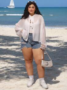 SHEIN CURVE+ Plus Size Women's Summer Sun Protection Shirt, Cool Shawl Top, Lace Cuff Details, Retro Romantic Vacation Thin Coat Boho Vacation, Curve Plus, Boho Vacation - White - View 5
