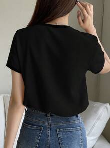DAZY Women's Casual Solid Color Basic Round Neck Short Sleeve T-Shirt, Summer Top - Black - View 3