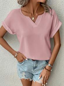 SHEIN Clasi Women's Plain V-Neck Casual Short Sleeve Blouse - Dusty Pink - View 3