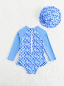 Mermaid Print Long Sleeve Loose One-Piece Swimsuit - Blue - View 2