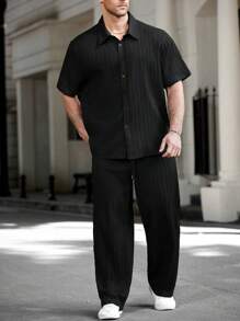Manfinity Homme Plus Size Men's Casual Versatile Solid Color Shirt & Pants Set Men Co Ords Outfits For Clothes, Formal - Black - View 1
