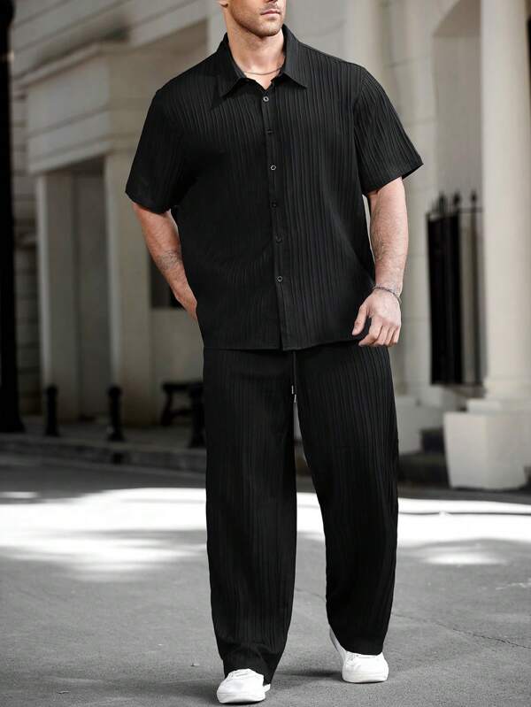 Manfinity Homme Plus Size Men's Casual Versatile Solid Color Shirt & Pants Set Plus Size Men Men Plus Size Shirt Co Ords Outfits For Men Men Shirt Co Ords Men Clothes Men Shirt Co Ords