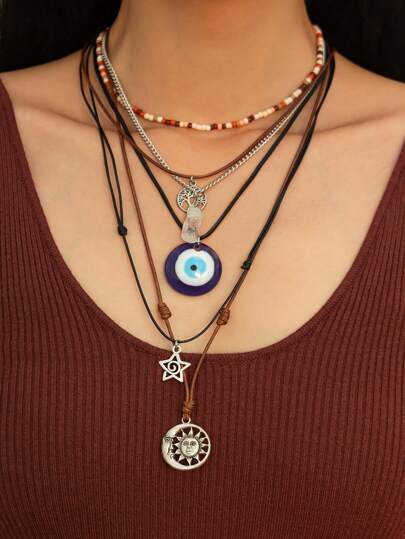 Fairycore 6pcs Fashionable Hippie Minimalist Spiral, Star, Moon, Sun Crystal Beaded Pendant Necklace Set