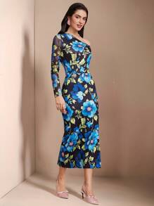 Chiquease Women Elegant Floral Print Mid-Length One-Shoulder Dress Fall Cloth For Women - Multicolor - View 4