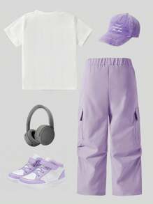 SHEIN Young Girl Floral & Letter Print Short Sleeve T-Shirt And Cargo Pants Set