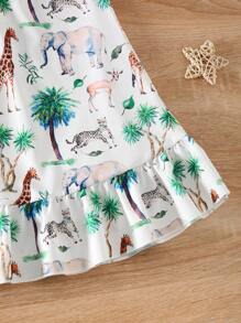 女童无袖 A 字短款花卉印花休闲吊带背心连衣裙，夏季 - 綠色 - 查看 5