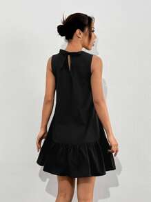 SHEIN EZwear Black Woven Minimalist Casual Mini Ruffles Dress Bowknot Back For Women, Fashionable Everyday Wear,Business Casual Woman