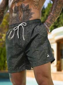 Surfspeed Men's Geometric Print Drawstring Waist Beach Shorts - Army Green - View 6