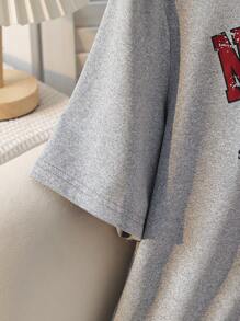 SHEIN 2 件套女孩休闲英文字母格子印花短袖上衣和宽松裤子睡衣套装 - 淺灰色 - 查看 4