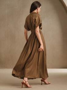 Anewsta Đầm sơ mi dài cổ bẻ thắt eo kiểu dáng thanh lịch Sense Resort Vibe, cổ chữ V, cài một nút, dành cho nữ, trang phục nghỉ dưỡng mùa xuân/hè - màu nâu - Xem 2