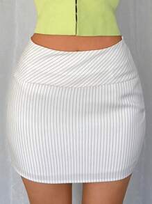 SHEIN Unity Spring/Summer Ladies Striped Low Waist Bodycon Mini Skirt - White - View 6
