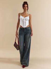 SHEIN BAE Spring/Summer Women Solid White Lace Splice Satin Camisole Tank Top, White Lace Camisole - White - View 7