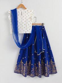 Conjunto de 2 piezas para niña preadolescente que incluye top con volantes de lentejuelas y falda midi con estampado floral retro, además de un pañuelo, adecuado para festivales, fiestas y reuniones