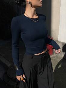 DAZY 女士度假露背修身性感 T 恤，春季，Y2k 长袖女上衣，秋季女装 - 藏蓝色 - 查看 4