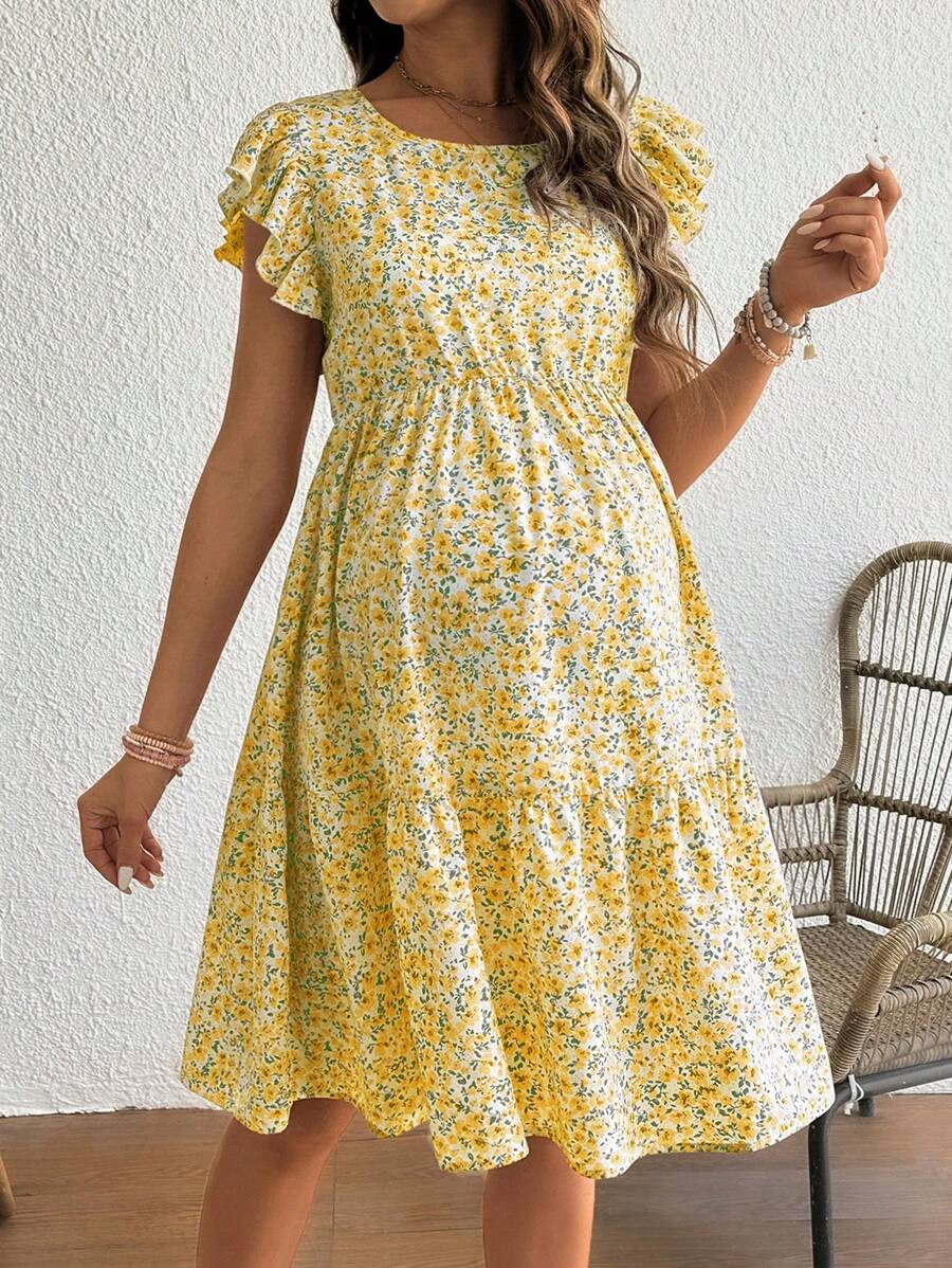 SHEIN Ruffle Trim Floral Printed Loose Short Sleeve Summer Dress Maternity Dress - Yellow - View 1