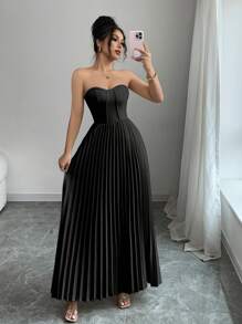 INAWLY 女士优雅褶皱露肩修身中长连衣裙 - 黑色 - 查看 5