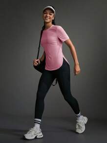 Powerista Koszulka damska z okrągłym dekoltem i krótkim rękawem, w jednolitym kolorze, do ćwiczeń, sportowa, na siłownię