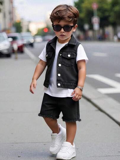 SHEIN 3pcs Young Boy Casual Short Sleeve T-Shirt, Distressed Denim Vest And Denim Ripped Shorts Suit Set, Summer