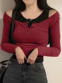 DAZY Women's Button Half-Placket Long Sleeve Casual Versatile Mock Layer T-Shirt Summer,Fall Clothes - Burgundy - View 3