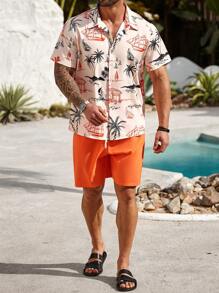 ResortEase 大码男士棕榈树印花短袖衬衫和短裤休闲西装男士度假装夏季度假装男士男士休闲日常穿着，海滩度假风格，搭配经典浪漫度假花卉休闲橙色短袖衬衫，适合海边度假。采用纽扣闭合，由轻质透气面料制成，时尚百搭。非常适合夏威夷海滩度假、音乐节和日常穿着，是送给男朋友或丈夫的理想礼物。海滩度假风格男士衬衫男士夏季衬衫套装男士衬衫热带风格 - 橘色 - 查看 4