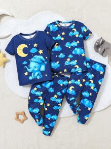 SHEIN Baby Boy Cute Cartoon Elephant, Star, Moon And Cloud Print Round Neck Short Sleeve + Pants Snug Fit Comfortable Pajamas Set, 2pcs