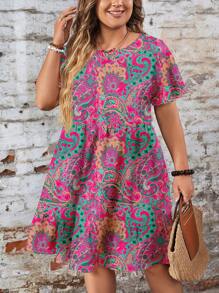 EMERY ROSE Plus Size Women's Pink Summer Boho Casual Loose Fit Round Neck Short Sleeve Dress,Beach Sundress,Holiday Vacation Outfits Chic Dress - Multicolor - View 7