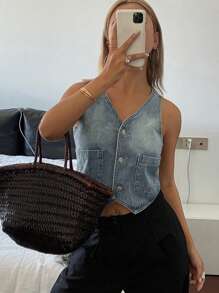 DAZY Women's Vintage Distressed Denim Sleeveless Vest, Spring Style - Blue - View 7