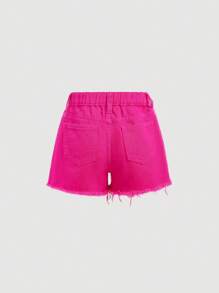 SHEIN Girlism 少女春夏假期时尚水钻闪亮装饰亮粉色高腰牛仔短裤，毛边设计，时尚休闲牛仔短裤，适合海滩、波西米亚风假日音乐会、锐舞派对等场合 - 玫紅色 - 查看 3