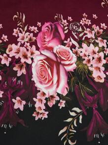 SHEIN Clasi Plus Size Women's Large Floral Placement Print Round Neck Puff Sleeve Aline Elegant Midi Dress - Burgundy - View 5