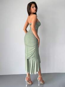 Firerie Damen grünes geraffte asymmetrische Rüschen Saum Midi Bodycon Kleid, geeignet für Büro/Elegant/Sexy/Urlaub/Strand/Romantisch/Date/Konzert/Veranstaltung/Bankett/Party/Hochzeit - Grün - Übersicht 7