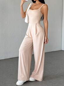 SHEIN PETITE Women's Solid Color Casual Sleeveless Backless Straight Jumpsuit - Apricot - View 3