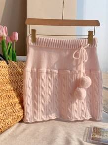 SHEIN Comfortcana 女士休闲纯色绒球装饰抽绳腰部针织 A 字裙 - 淺粉色 - 查看 5