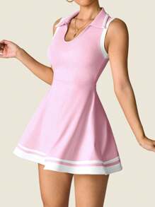 SHEIN Sovereign Charm Váy tập yoga không tay cổ polo cho nữ, trang phục tập luyện thể thao bó sát, thoải mái khi đi làm ngoài trời gợi cảm có túi, quần short ngắn, váy thể thao - Hồng - Xem 4