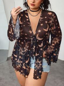 SHEIN CURVE+ Blusa de manga larga con cuello en V con estampado de estrellas y lunas para mujeres talla grande, ideal para el festival de música y el Ramadán