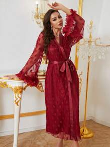 2pcs/Set Heart Lace Flare Sleeve Sleepwear Robe And Spaghetti Strap Long Dress - Burgundy - View 1