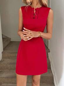 SHEIN LUNE Crew Neck Sleeveless Front Bowknot Waist A-Line Casual Vacation Elegant Dress, Red, Short Dresses For Women Elegant Birthday Dresses For Women Graduation Dress Concert Outfit Women