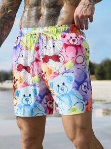 Manfinity Swimmode Men's Drawstring Waist Cartoon Bear Print Beach Shorts Man Swim Trunks - Multicolor - View 7